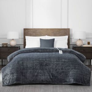 Brookstone -  Twin Heated Micro Herringbone Blanket G Gray